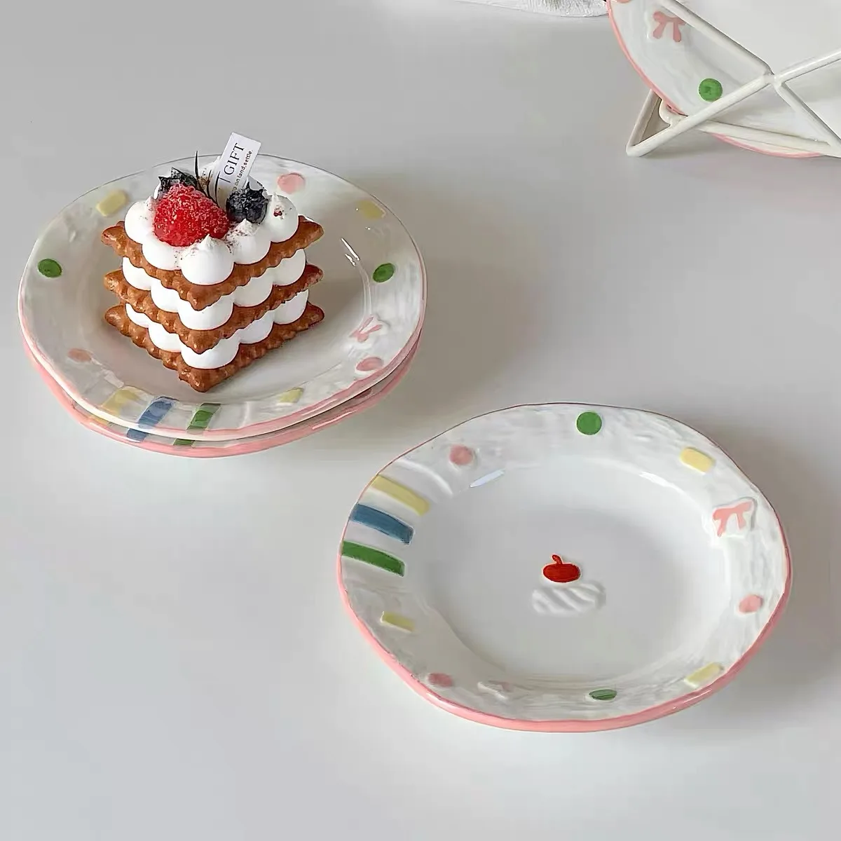 

Hand Painted Ceramic Cake Plate 6 Inch Under Glaze Dessert Dish Ins Style Relief Breakfast Tray