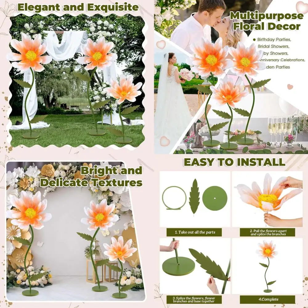 

Oversized Artificial Daisy Set for Weddings and Events - 5.3 ft Tall with Base (Orange & White)