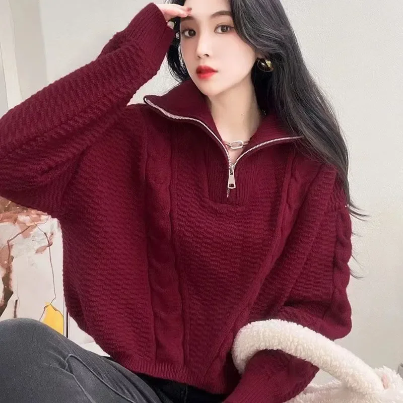 Twist Dolcevita Pullover Maglione Abbigliamento esterno da donna 2026 Autunno Inverno Allentato Caldo Dimagrante Chic Maglieria Breve Mezza Zip Top