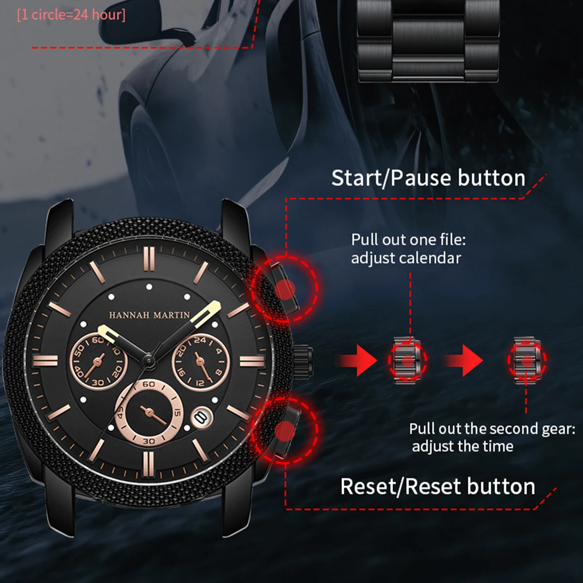 Hannah Martin Original Watch Men Multi functional Timing Dial Stainless Steel Strap Fashion Subdial Black Business Watch for Men