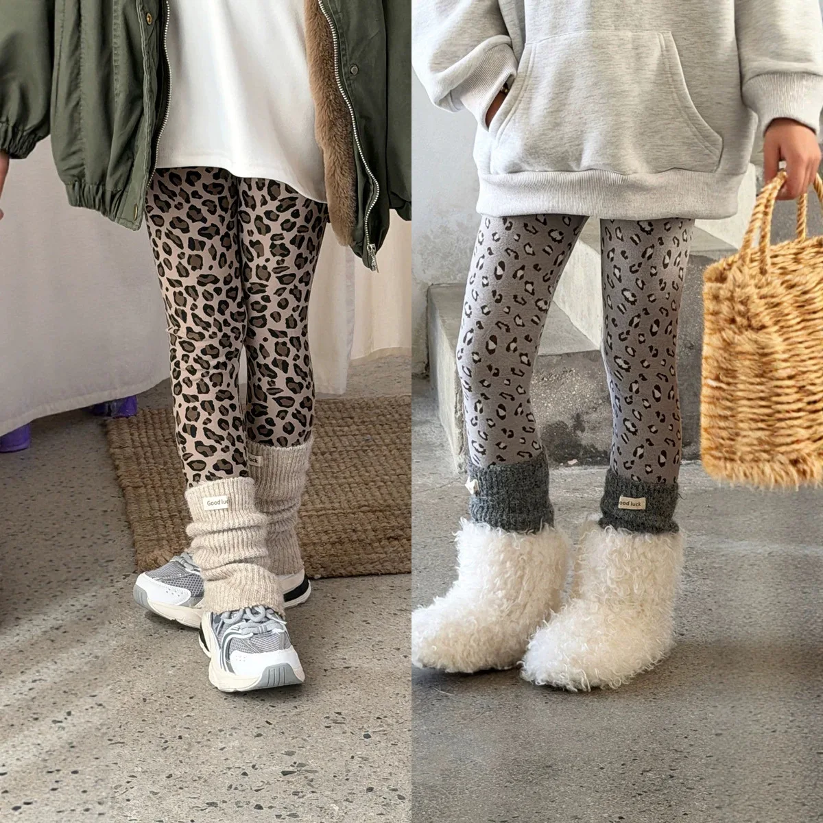 Girls' Korean Autumn and Winter New Leopard Print Leggings Children's Stylish Elastic Australian Fleece Warm Slim Fit Pants