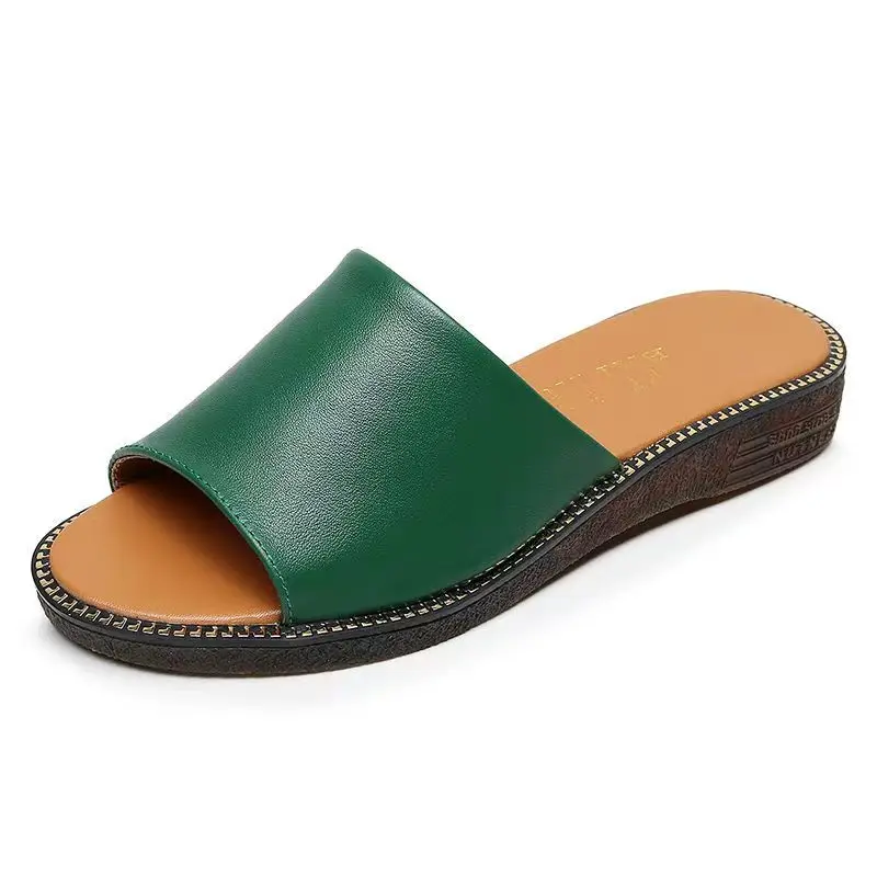 

Women Summer New Genuine Leather Flat Sole Slippers Open Toe Soft Sole Non Slip Outdoor Slippers Elderly Slippers Sandals