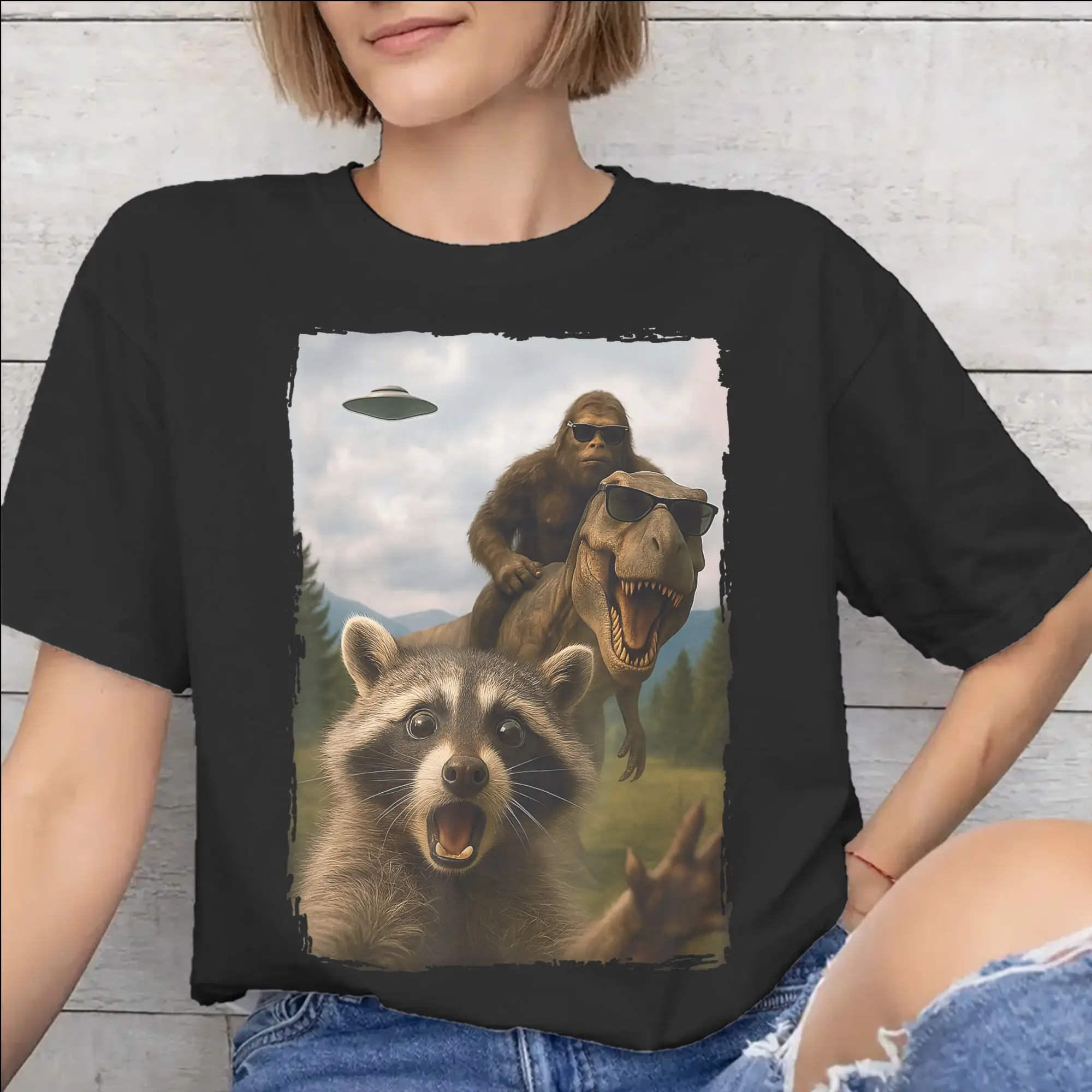 Mens Womens Funny Bigfoot Ride Dinosaur Raccoon Shirt Pure Cotton Print T-Shirt  Clothing Outfits