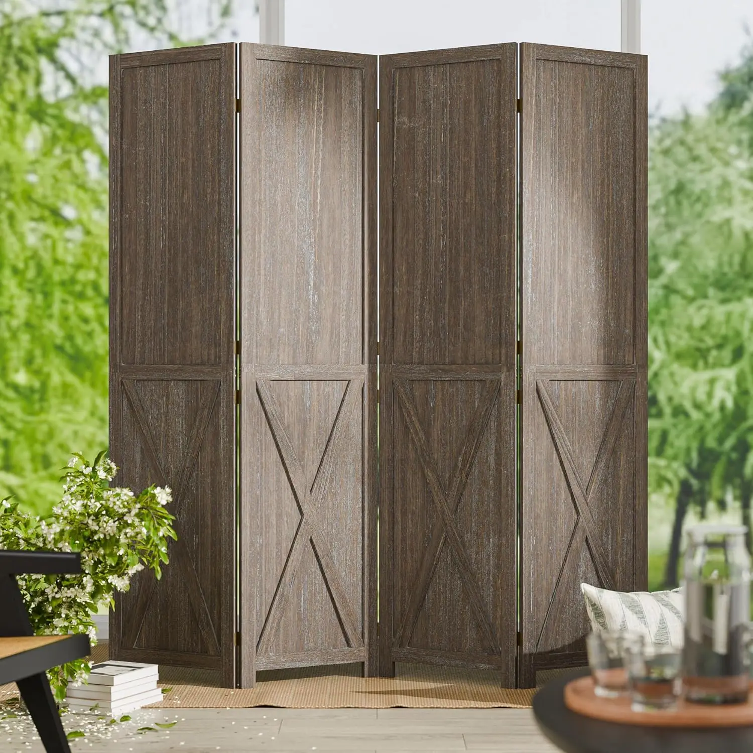 

Wood Room Divider 4 Panel Folding Privacy Screen, Freestanding Barnwood Partition Wall, Room Separator for Home Office B