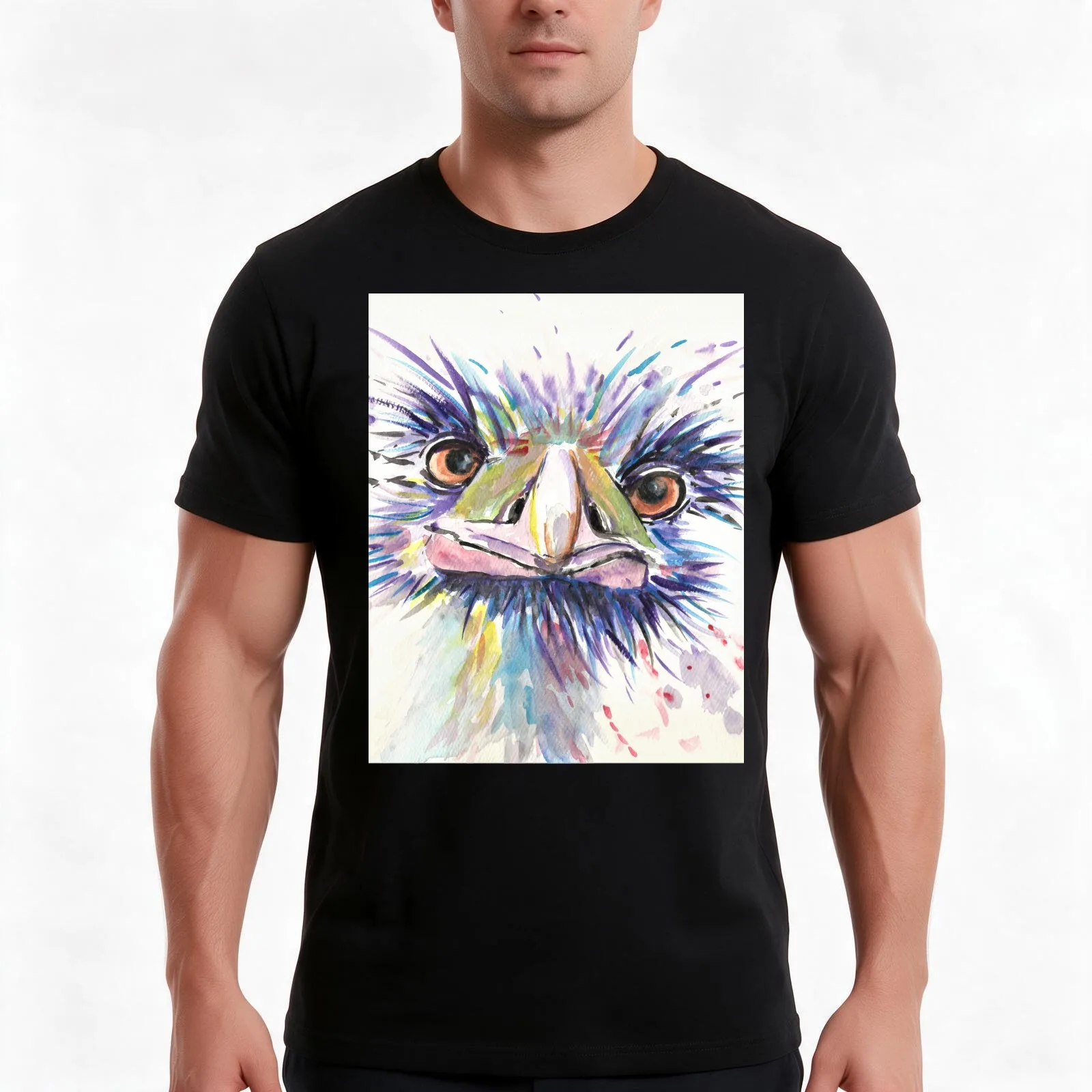 Emu or Ostrich Bird with funny eyes T-Shirt, Summer Casual Cotton Tee, Oversized Streetwear Tops, Vintage Graphic Print