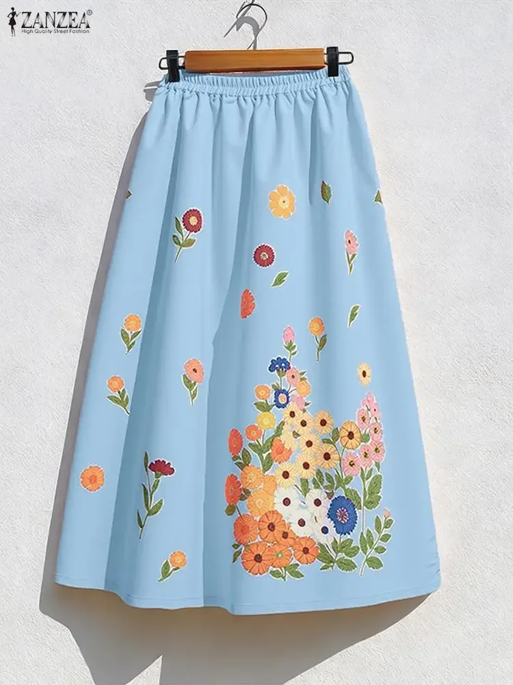 

Bohemian Maxi Jupes ZANZEA Elastic Waist Women Autumn High Waist Pleated Floral Print Casual Faldas Saia Loose Long Bottoms