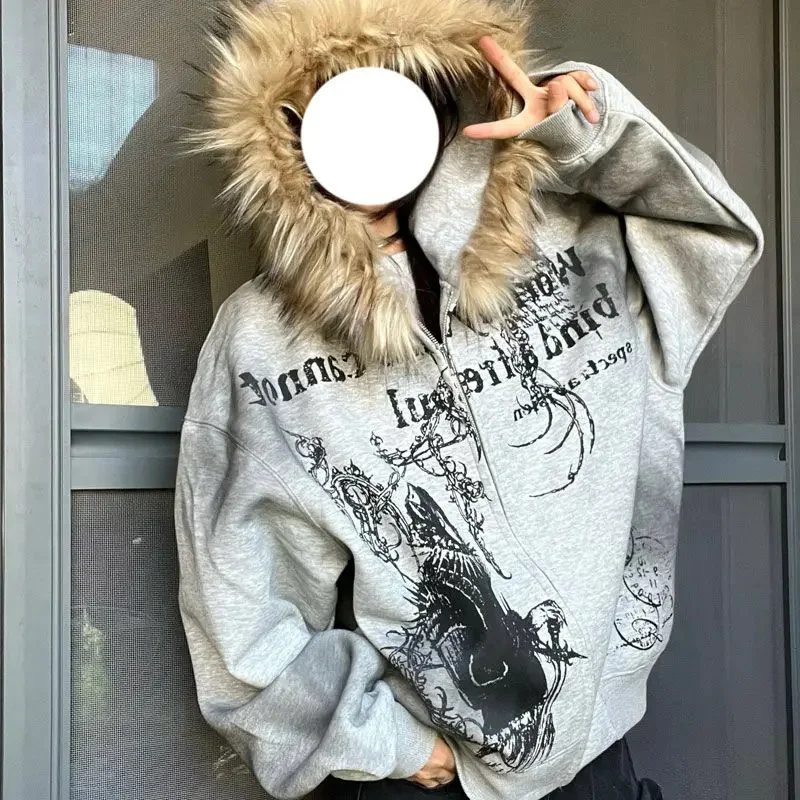 Y2k Autumn And Winter Niche Fashion Element Hoodies Loose Tie Dye Printed Large Fur Collar Thick Coats Harajuku Jackets