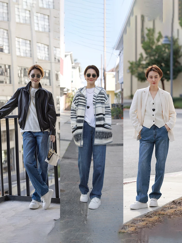 

WinnieTang прямые джинсовые брюки против морщин, наклонный хлопковый дизайн, длинные брюки с высокой талией, эффект похудения, весенняя коллекция