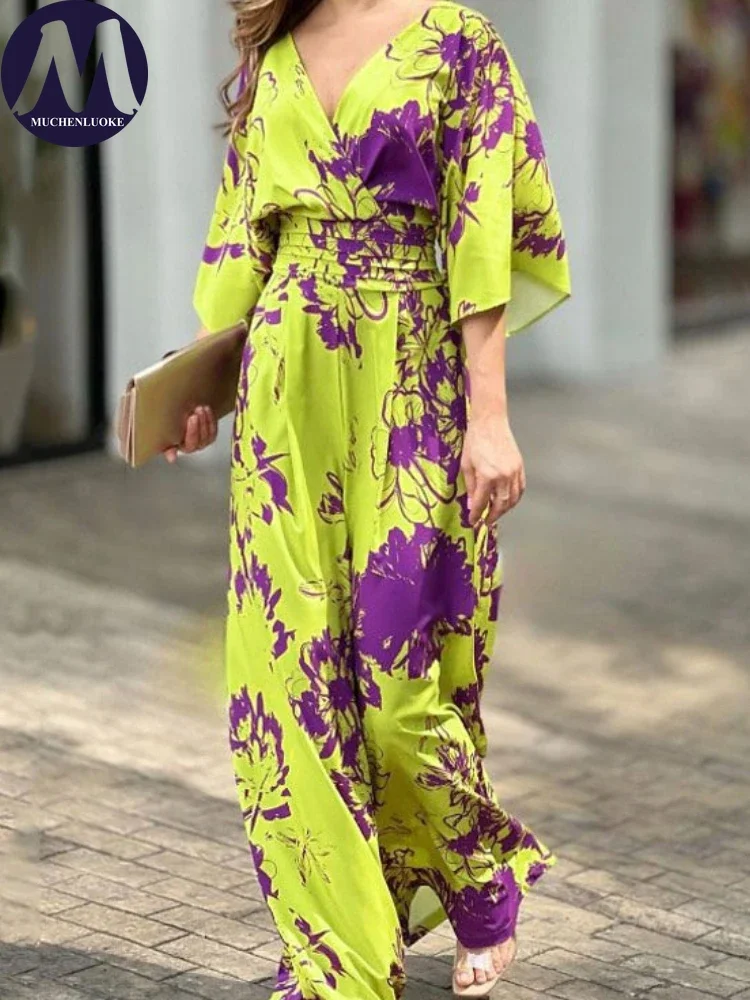 High Waisted Jumpsuit for Women Bat Sleeve V Neck Fashionable Casual Loose Printing Summer New 2024