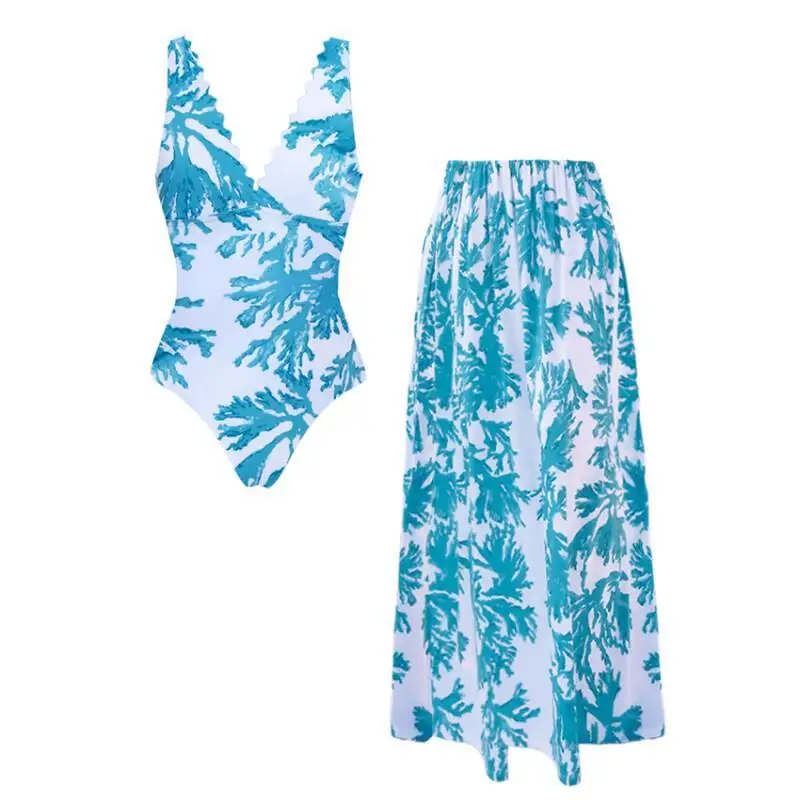 Flaxmaker 2026 Summer Sexy V Neck Blue Coral Print Swimsuit And Skirt Summer Sleeveless Swimsuit Set Women Beachwear