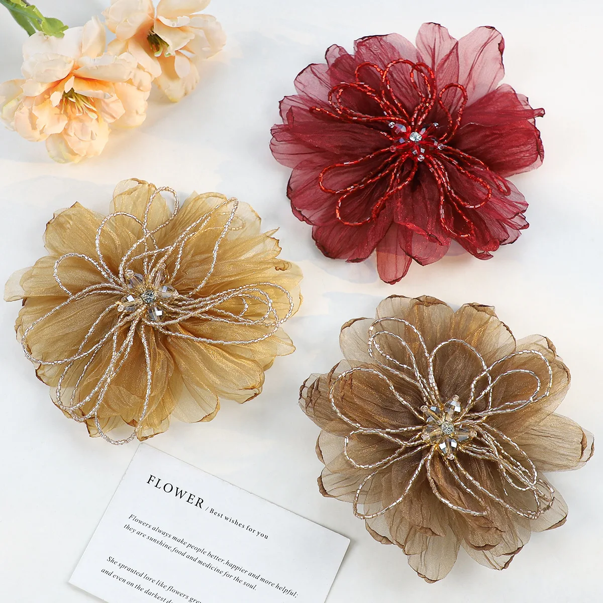 3D Organza Fabric Flower Bud Diy Hair Clip Brooches for Women Wholesale Party Prom Crystal Beaded DIY Flower Hair Accessories