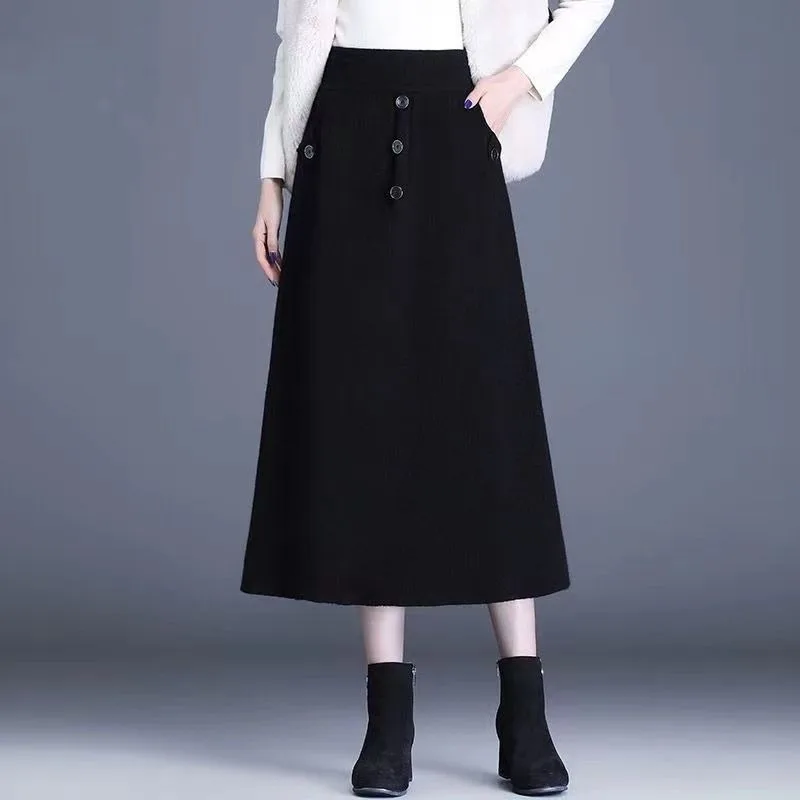 

Женская юбка миди А-силуэта с высокой талией и декоративными пуговицами, однотонная, повседневная, зимняя, из смесовой шерсти, длинная