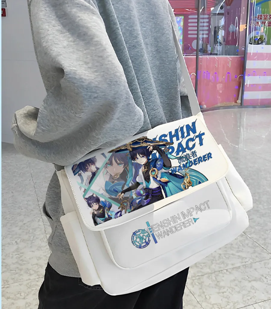 Genshin Impact Scaramouche Anime odznaka torba na ramię czarny biały Messenger kreskówka z przednim zamkiem błyskawicznym odznaki Crossbody