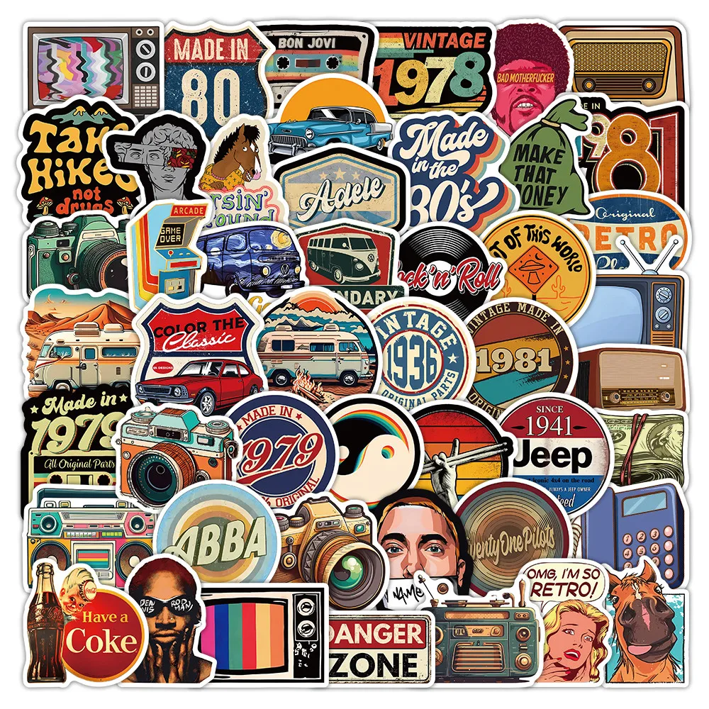 52 Pieces Retro Logo Stickers - Decorative Decals for Handbooks, Phone Cases & Laptops AnimeWorlds Store