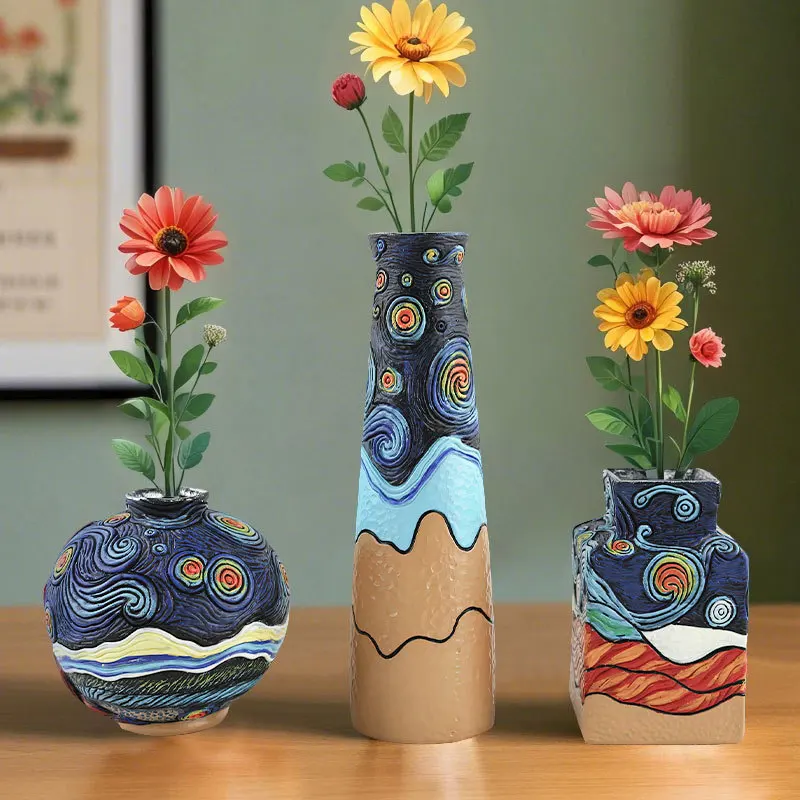 

Van Gogh Starry Night Resin Vase Set 3-Piece - Home Decor, Tabletop Flower Arrangement, Artistic Ornament