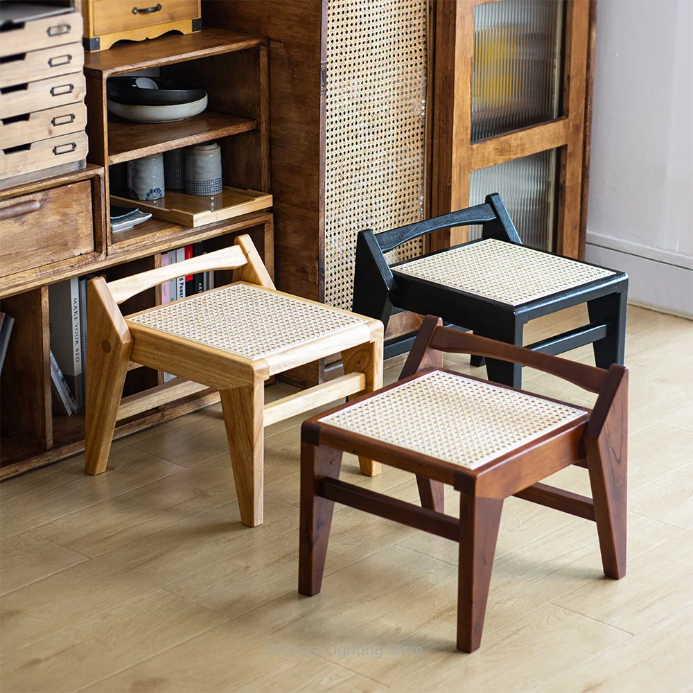Rattan Woven Solid Wood Mortise-Tenon Stool for Entryway, Breathable Low Bench for Sofa Tea Table, Summer Accent Seat for Home