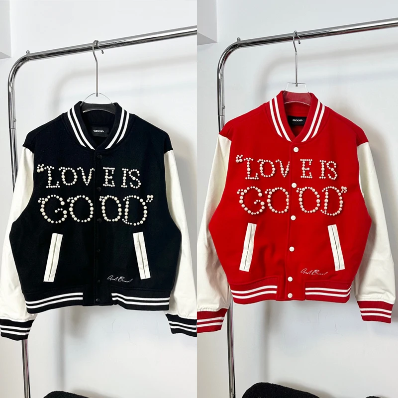 

Классическая трендовая бейсбольная куртка GOODBRAND, зимняя уличная повседневная куртка контрастных цветов с вышивкой жемчугом, хорошие куртки
