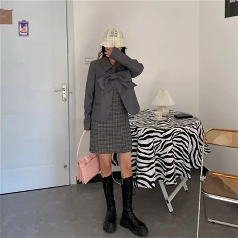 2024 New Spring Elegant Women Grey Chic Blazer Small Girl Retro Fashion Design Bowknot Loose Short Jacket Office Lady Workwear