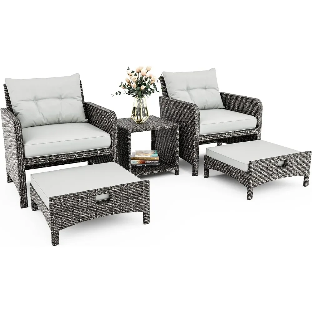 Juego de muebles de mimbre para Patio, sillas de exterior con otomanas, conversación con café (cojín gris + ratán gris), 5 piezas