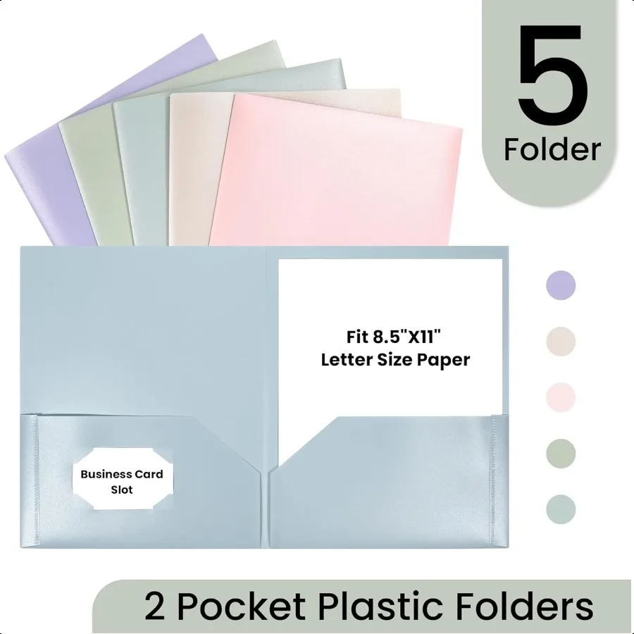 Plastic Folders with Pockets Pack of 5 Muted Pastel Colors Heavy Duty 2 Pocket File Folders Letter Size Pocket Folders for Scho