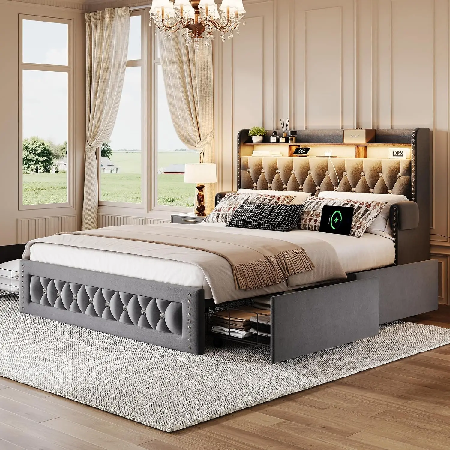 Velvet Queen Bed Frame 4 Drawers, Platform Bed Charging Station Bookcase Headboard LED Crystal Wingback Grey, Customized