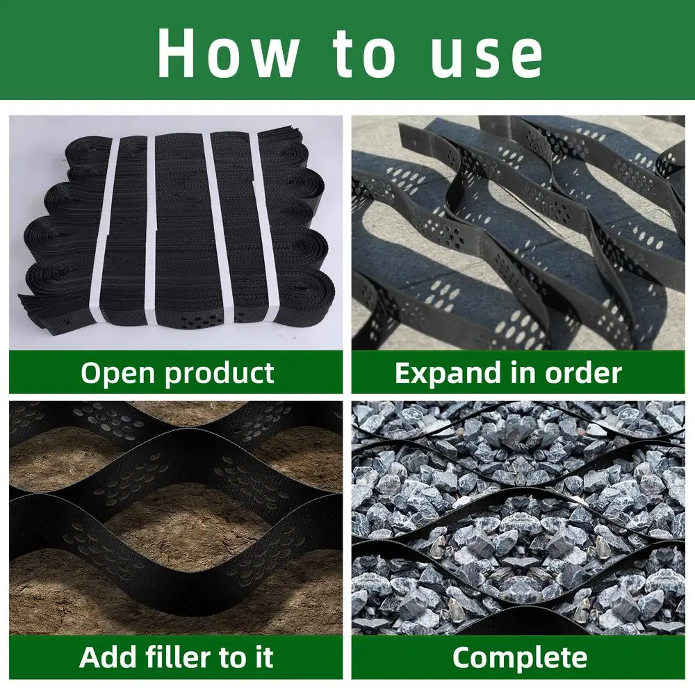 Geo Grid Sistema de estabilización de entrada Rejilla de jardín resistente 321 pies cuadrados 2 "de espesor Material HDPE de alta resistencia a la tracción 9,8x32,8 pies