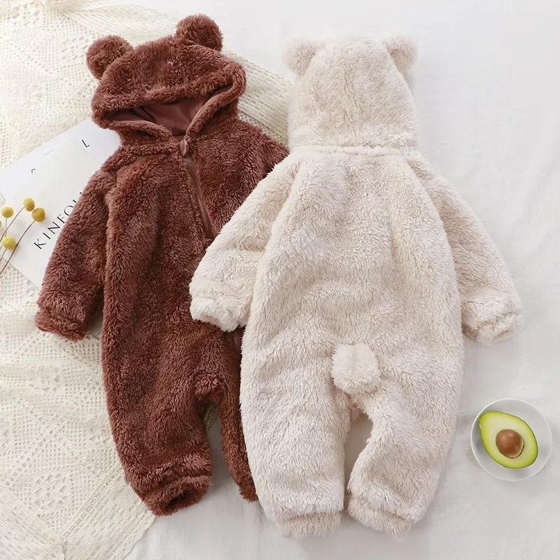 Winter Warm Baby Romper Coral Fleece Cartoon Bear Hooded Boys Girls Newborn Infant Jumpsuit Clothes Soft Pajama Overalls