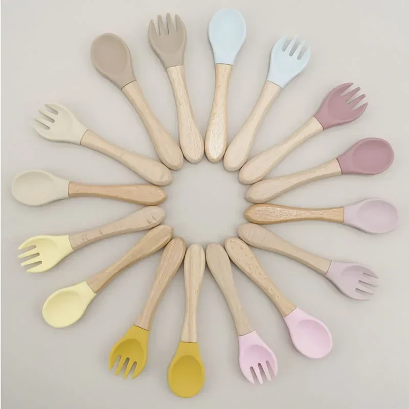 2 PCS Food Grade Silicone Cutlery Baby Feeding Training Spoon Fork Set with Wooden Handle Organic BPA Free Food Grade