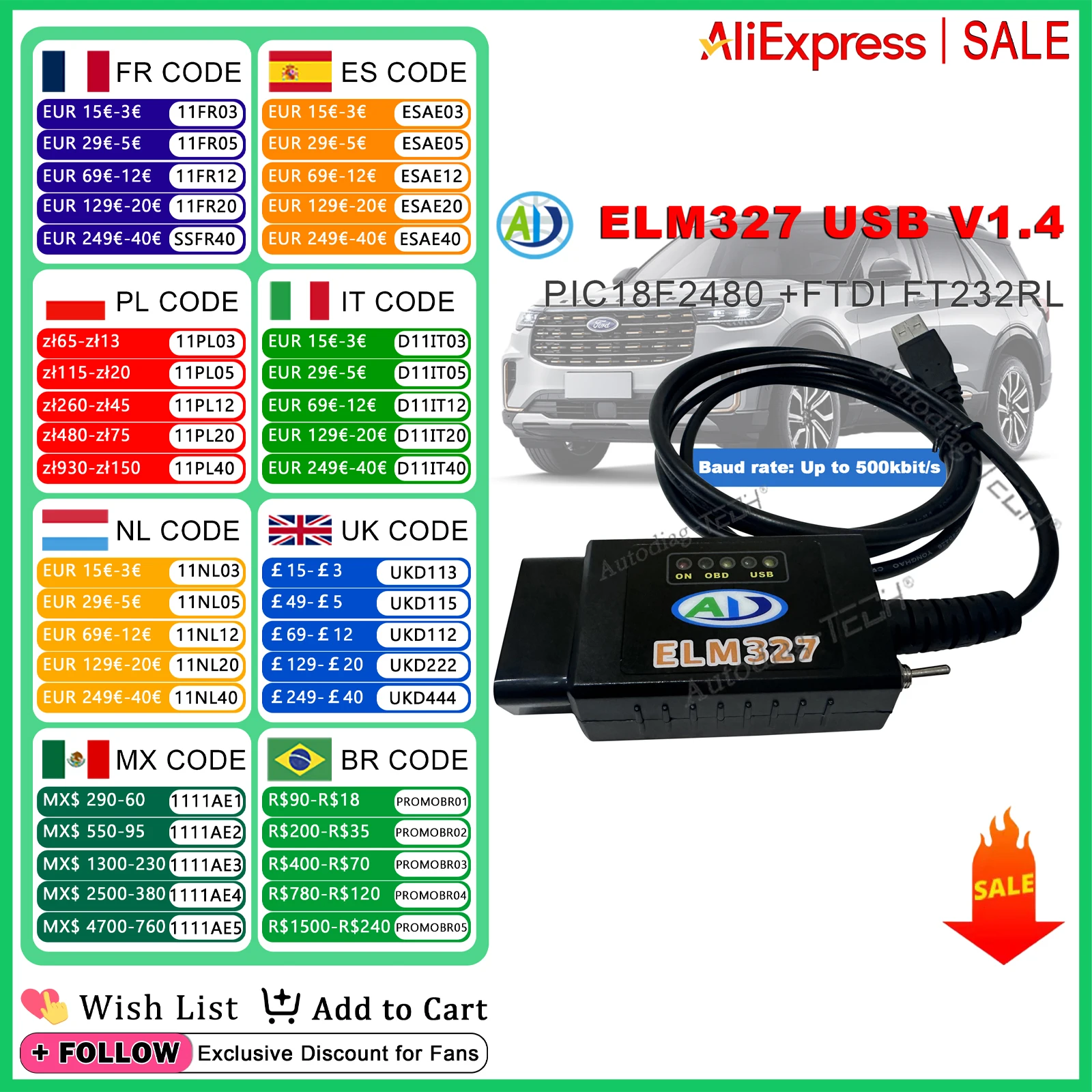 

ELM327 USB V1.4 FTDI FT232RL PIC18F2480 CAN-HS/MS for Ford Forscan OBD2 Scanner Code Reader 500kbit/s Automotive Diagnostic Tool