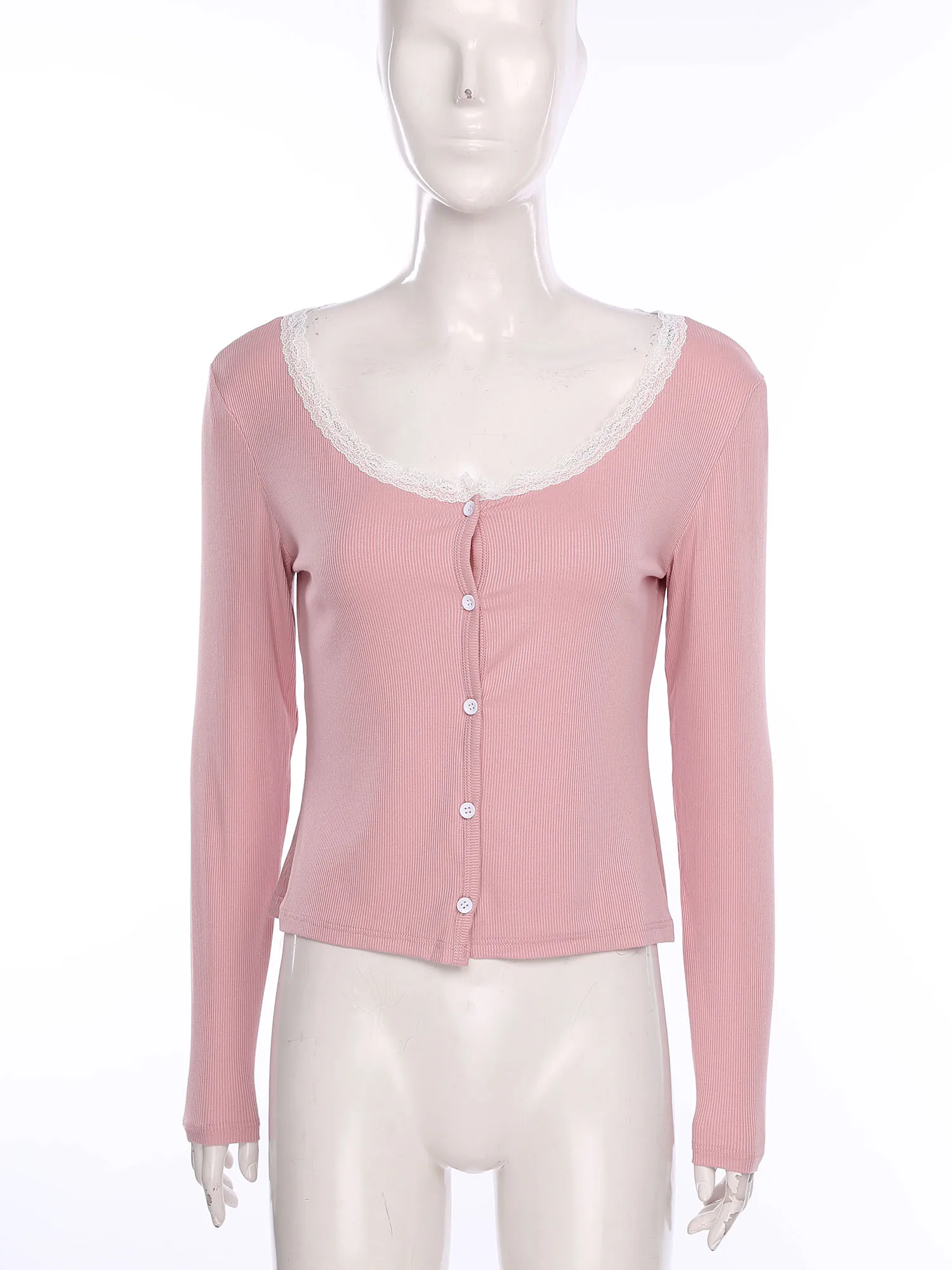 

Women Basic Knitted Cardigan Shirt Tops Long Sleeve Buttons Lace Trim Crop Shrugs Sweater Outerwear for Office Daily Casual Wear
