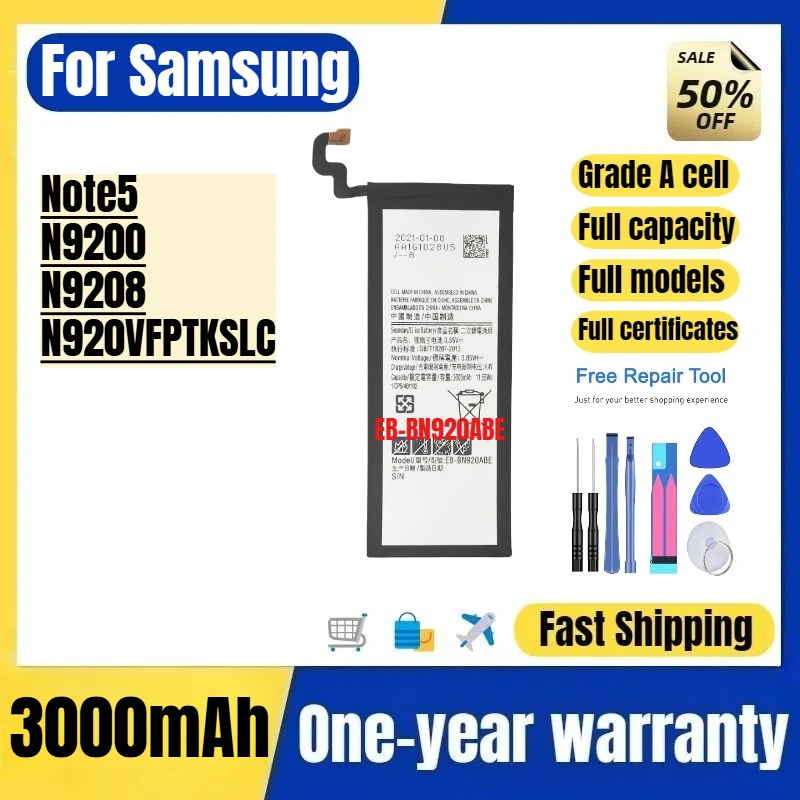 EB-BN920ABE for Samsung Note5/N9200/N9208/N920VFPTKSLC Phone Battery High Quality High Capacity Replacement Bateria with Tools