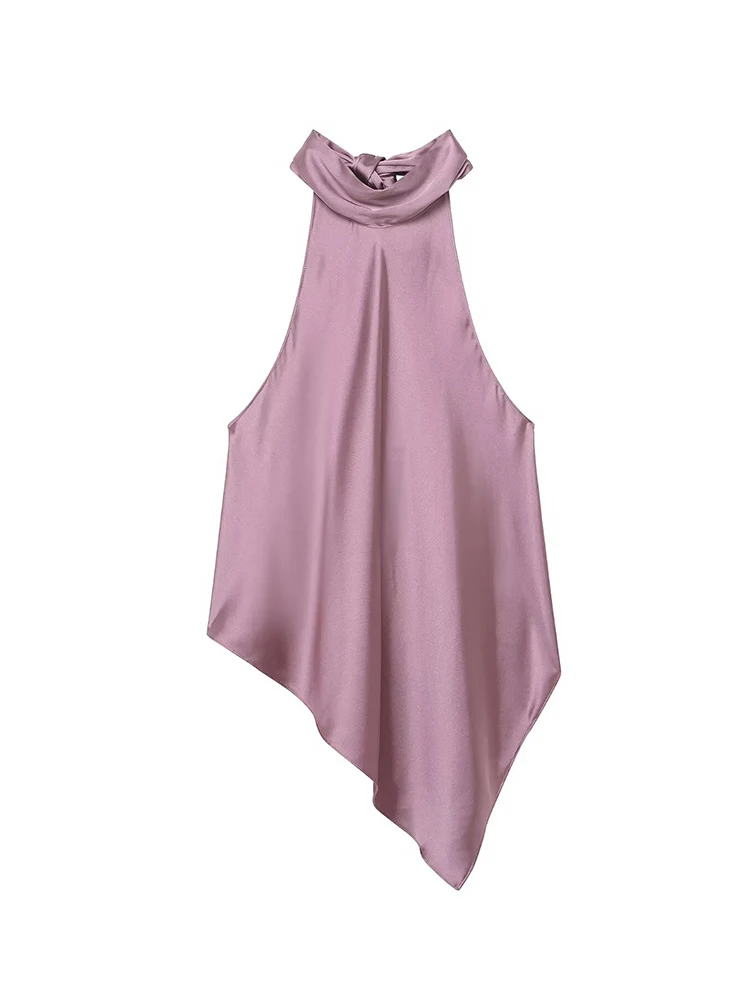    موضة جديدة للمرأة الساتان الرسن سترة أنيقة غير النظامية هيم عارية الذراعين أكمام الشارع تانك القمم الصيف عطلة بلايز عادية