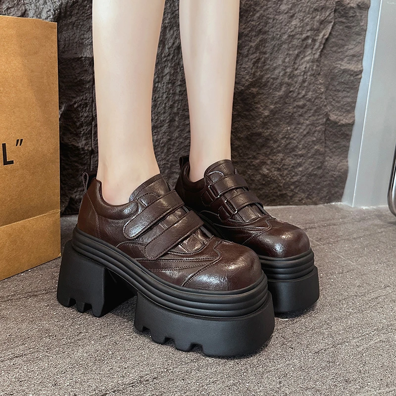 

Women's Pumps 2026 High Quality Chunky Sneakers Spring Loafers Outdoor Round Toe Walking Leather Shoes 10CM Platform High Heels