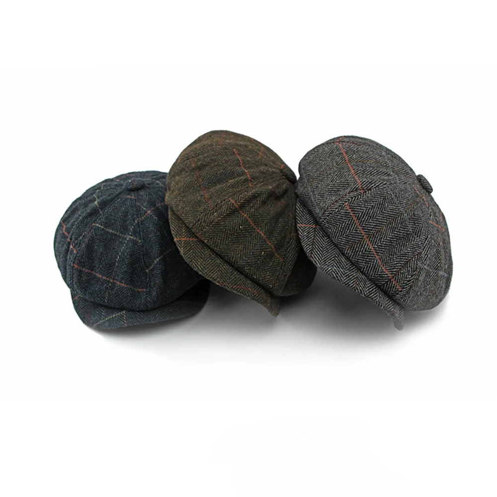 Autumn Winter Thick Warm Wool Herringbone Newsboy Cap Men Cabbie Beret Hats Octagonal Hat Detective Hats Retro Driver Flat Caps