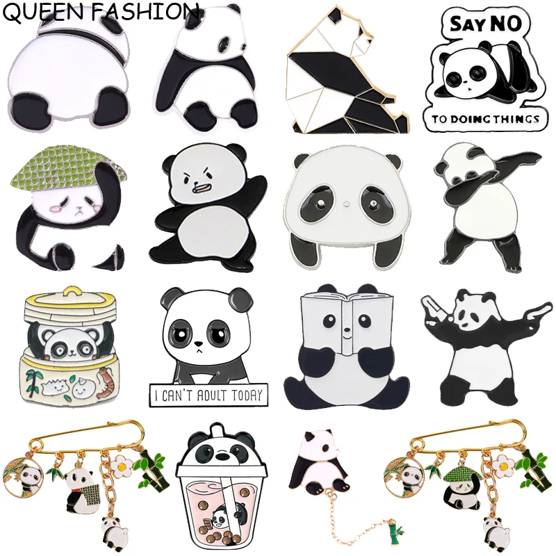 Cartoon Cute Animal Panda Enamel Pins Chain Pendant Panda Milk Tea Books Bamboo Alloy Brooch Badge Sweet Woman Jewelry Gift