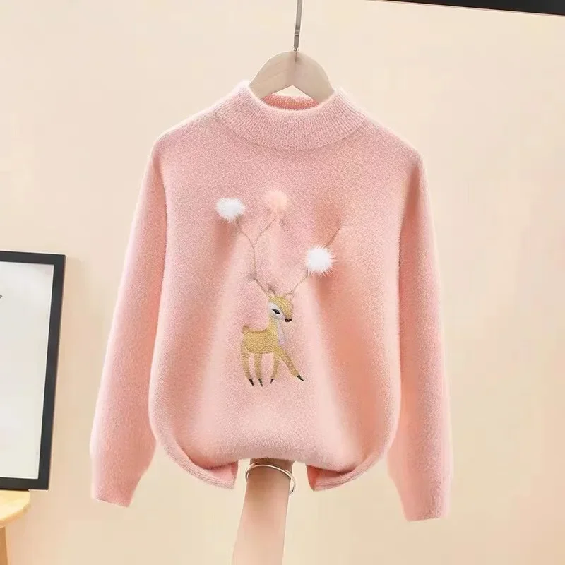 

Girls' Deer Plush Sweater Autumn Winter Solid Knitted Pullover Sweaters Children's O-Neck Thickend Warm Knitwears for Girl 2-14T