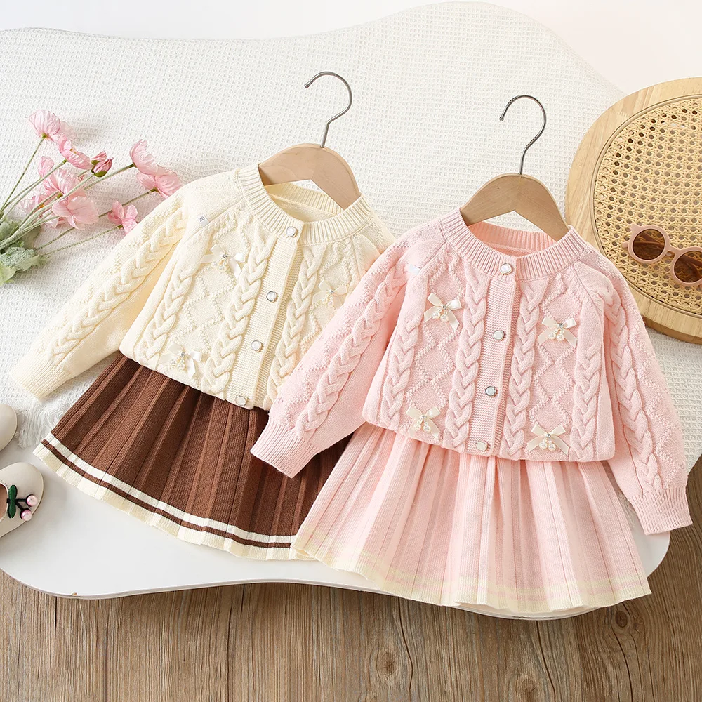 Girls Dress Clothes Sets Spring Autumn Children Woolen Jersey Sweaters Coats Skirts Princess Suit For Baby Knitted Outfits Kids