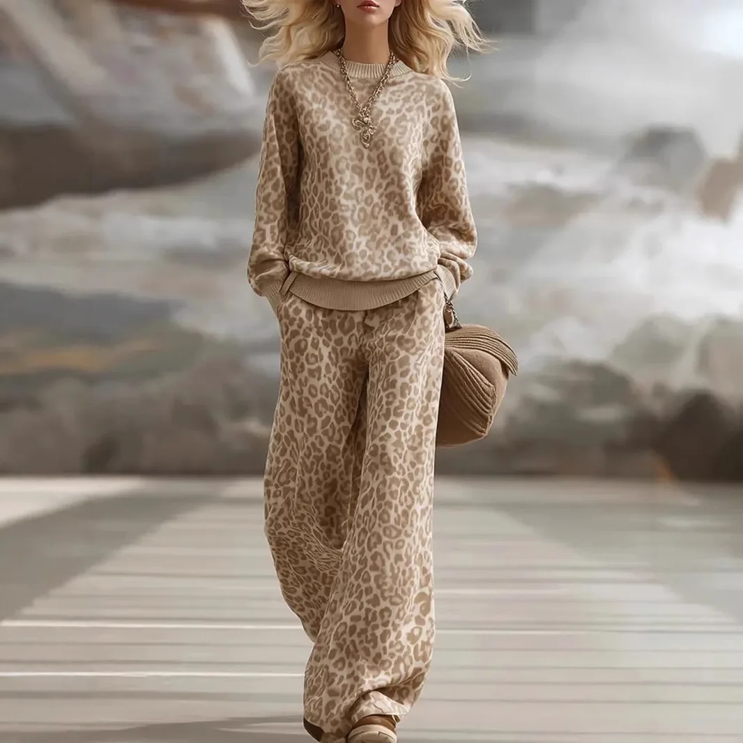 

Women's Leopard Print 2pc Set Spring Autumn Crew Neck Pullover High Waist Wide Leg Pants Casual Stylish Outfit For Daily Dating