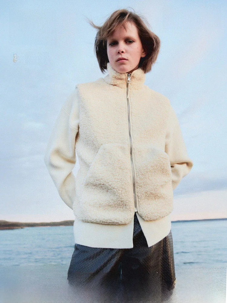 H&M 여성용 조끼 25 겨울 신상 스탠드 칼라 지퍼 테디 페이스 레이지 슬레 플러 조끼 284953 폴리에스터 섬유 00%