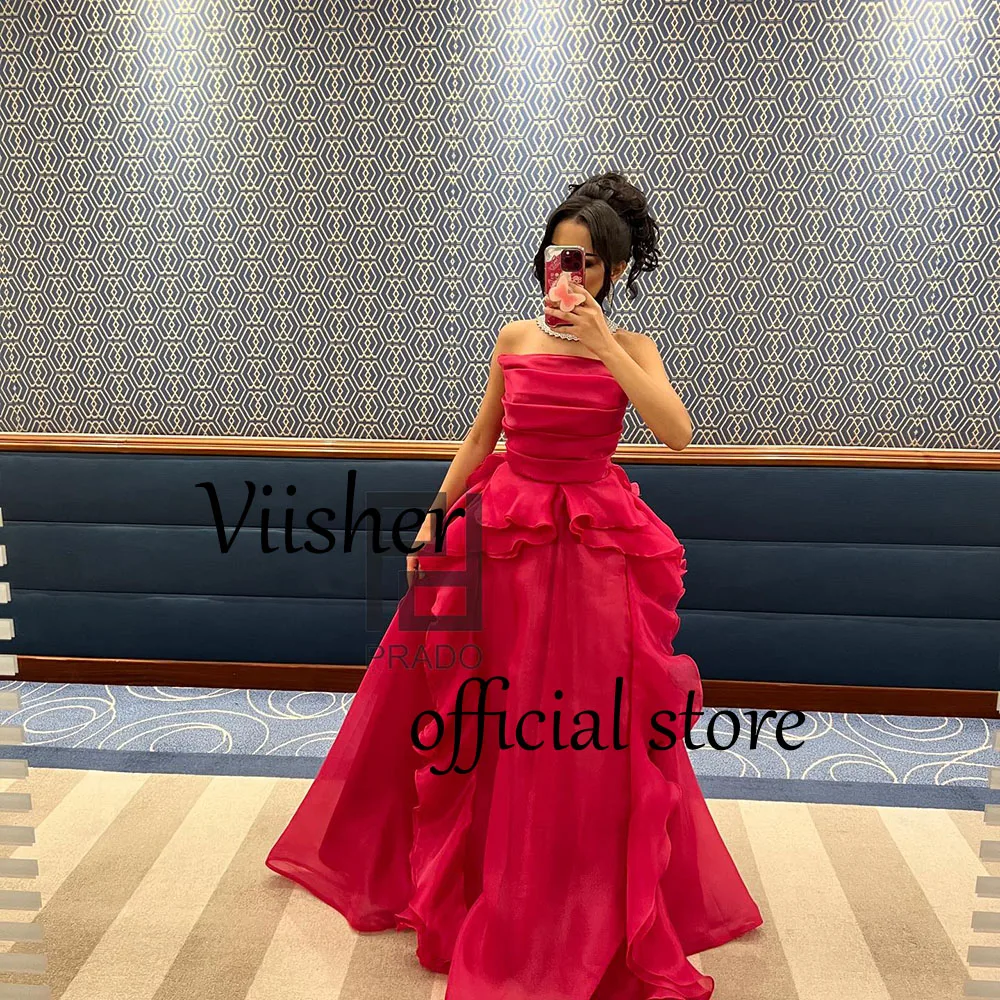 

Viisher Red Organza A Line Evening Dresses for Women Pleats Strapless Prom Party Dress Arabic Dubai Formal Evening Gowns