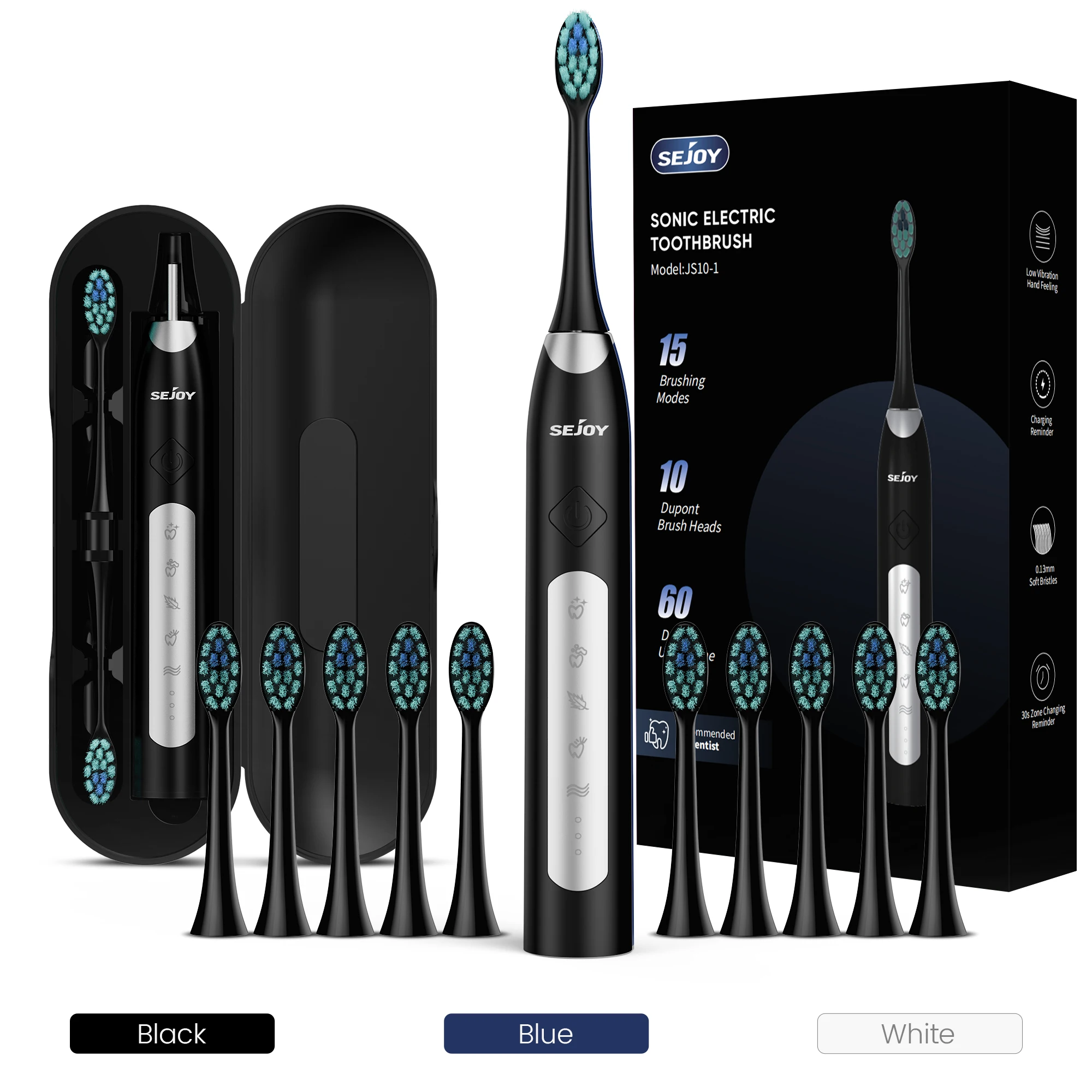 Sejoy – brosse à dents électrique sonique, avec 10 têtes de rechange, rechargeable, étanche, électronique, JS10-1