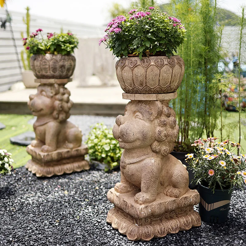 New Chinese Style Artificial Stone Pier Garden Gate Courtyard B & B Outdoor Flowerpot Base Lion KIRIN Stone Carving Ornaments