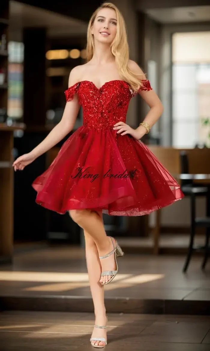 تول لامع يزين فساتين العودة للوطن للمراهقين مطرز قبالة الكتف فساتين حفلة موسيقية قصيرة الدانتيل كوكتيل فستان قصير فساتين النادي