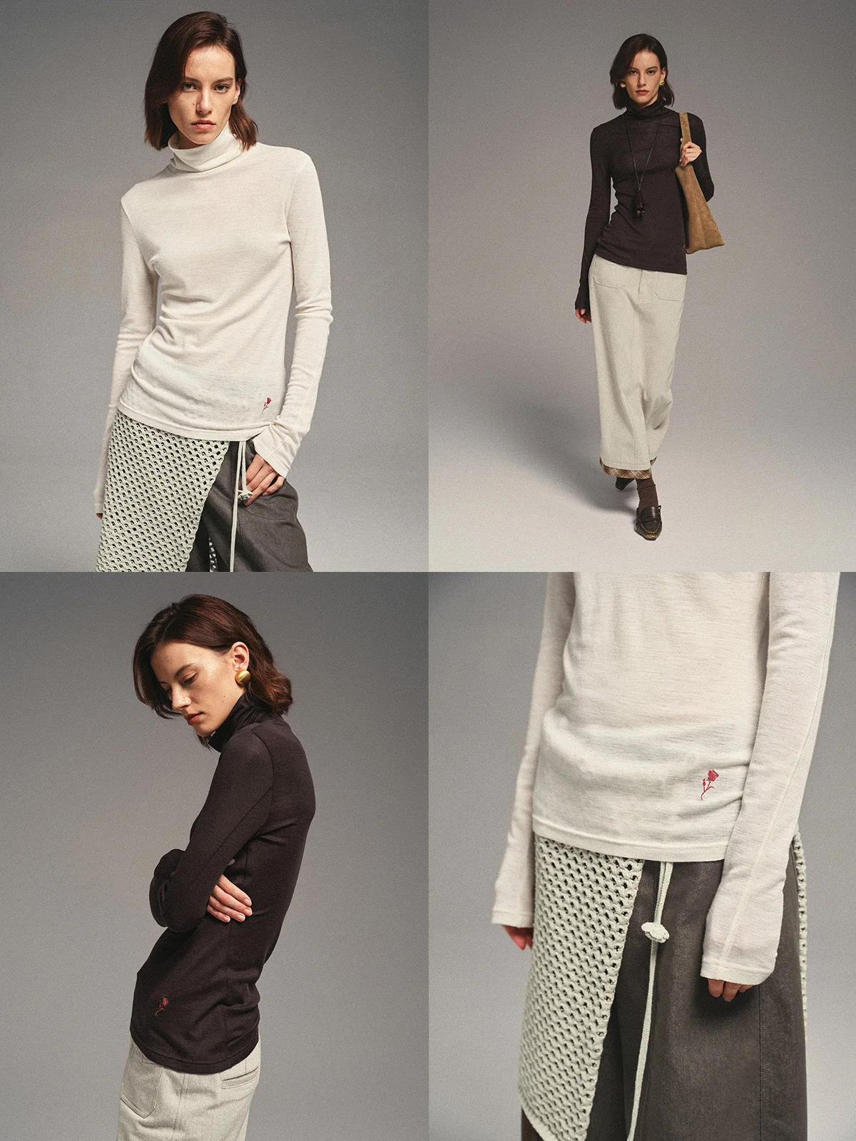 

Романтическая футболка с вышивкой розами и высоким воротом из ультратонкой австралийской шерсти, тонкий топ с V-образным вырезом для женщин, осенняя одежда с длинными рукавами