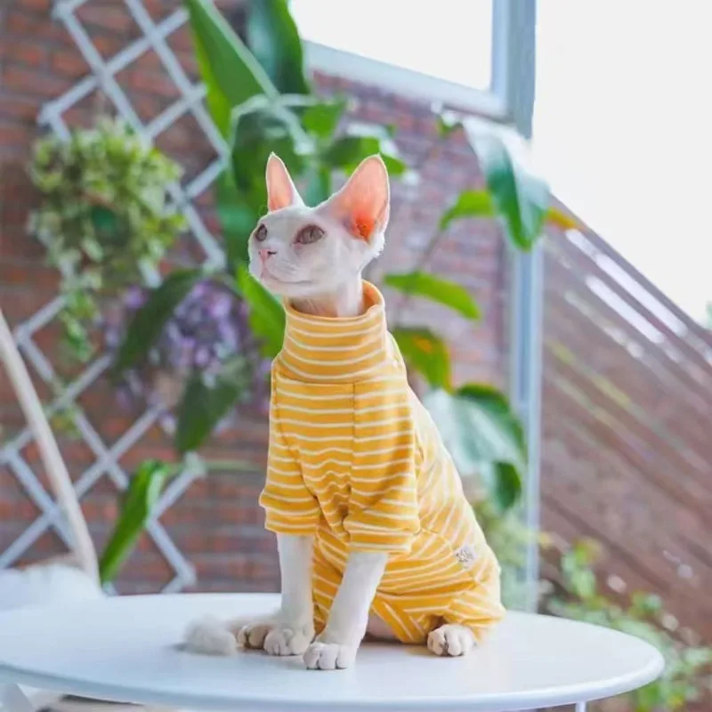 

Winter Pet Four-legged One-piece Suit, Striped Casual German Clothing, High-neck Anti-shedding Cat Clothing, Hairless Cat