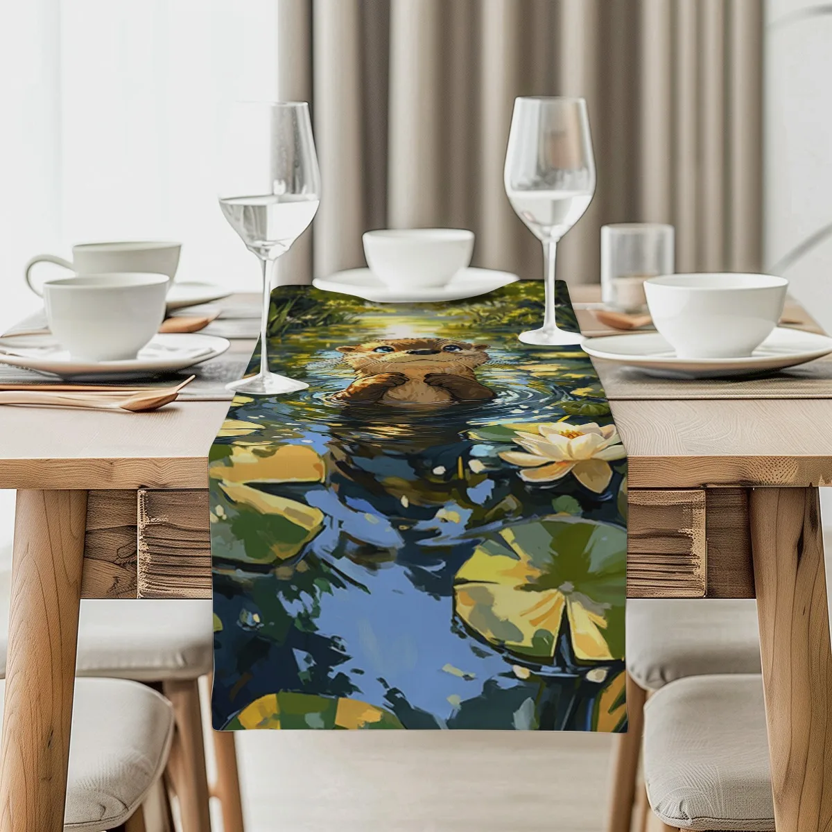 print table runner Water Lily and Lotus Peaceful Pond Style Tablecloth for Festivities,Weddings,Banquets,Home Decor Gifts Decora