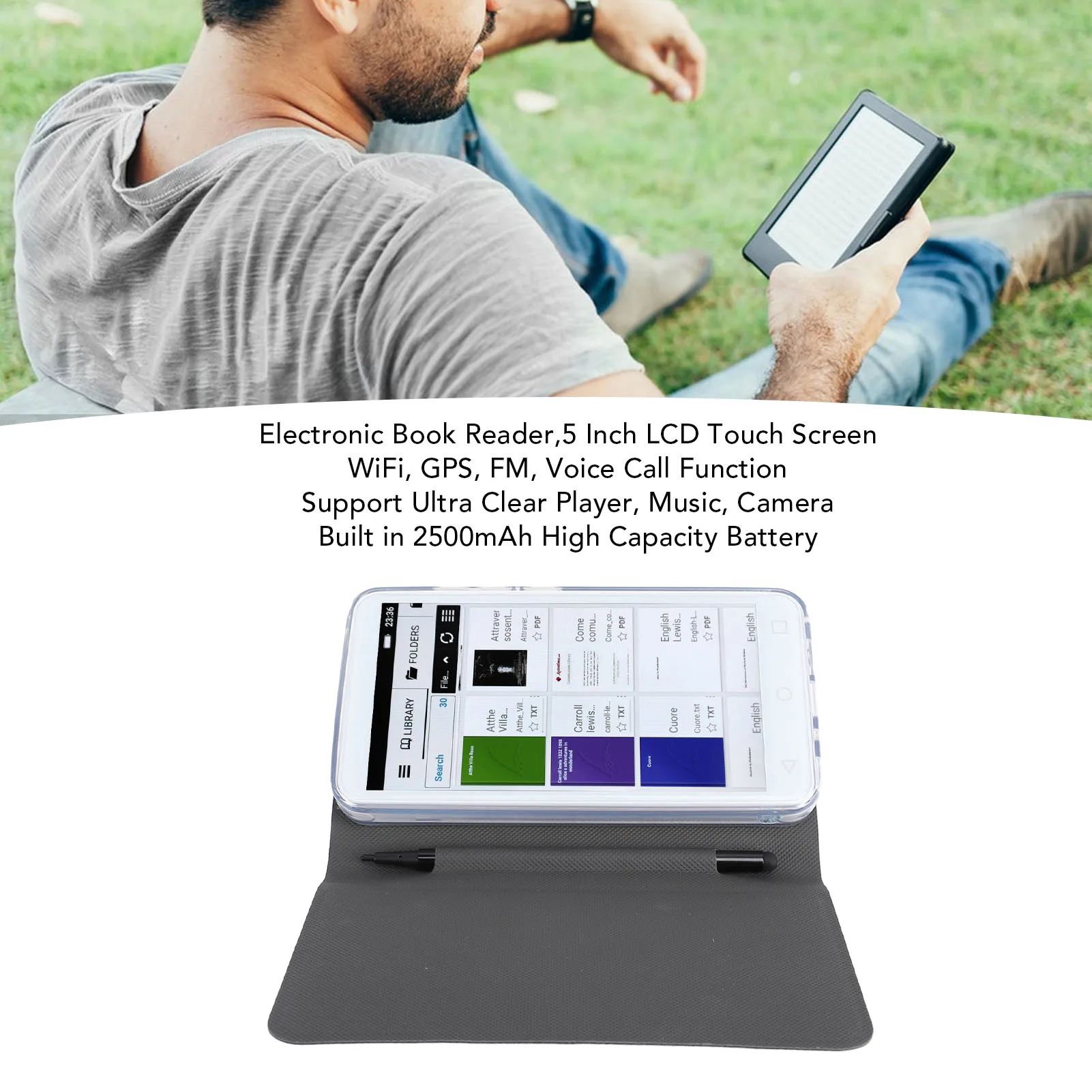 قارئ الكتب الإلكترونية 2 + 16 جيجابايت الذاكرة 2500 مللي أمبير بطارية شاشة ملونة قارئ الكتب المدمج في وحدة GPS 5 بوصة LCD للقراءة اليومية