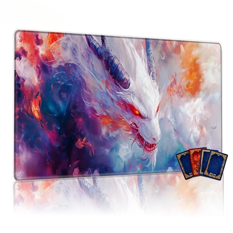 Fierce White Dragon, Red-Eyed Dark Spot - 14x24 inch collectible card game table mat, vortex cloud non-slip mouse pad