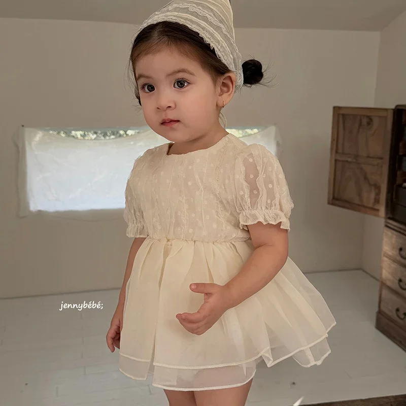 2026 New Summer Newborn Baby Girl Romper Short Sleeved Cotton Mesh Splicing Toddler Baby Girls Jumpsuit 0-24M Baby Girl Clothing 3