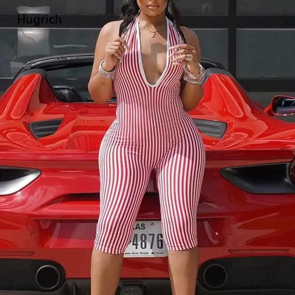 Women Striped Halter Jumpsuit Deep V Backless Tie Sleeveless Bodycon Midi Jumpsuits Fashion Slim Fit Rompers Club Outfit